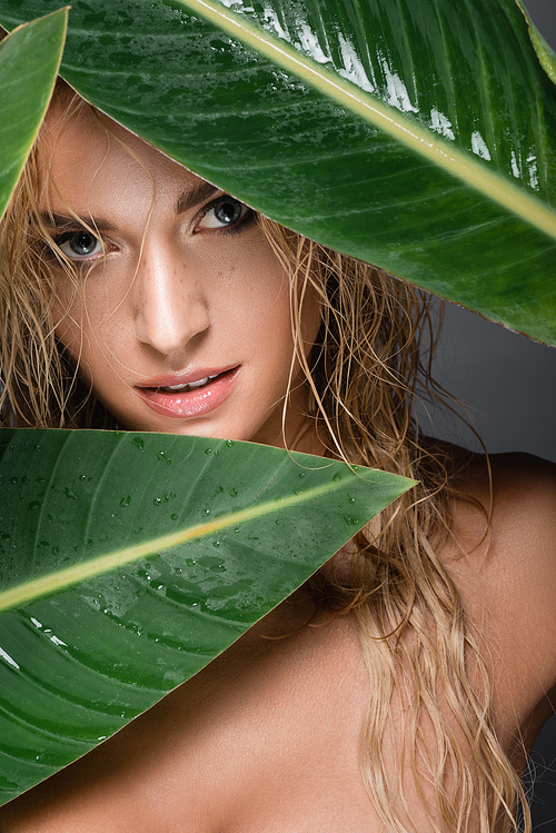 blonde woman with wet hair and green leaf