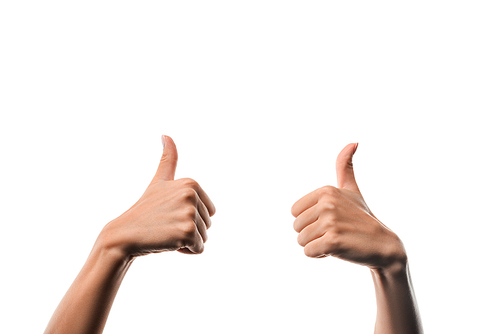 cropped view of woman showing thumbs up isolated on white