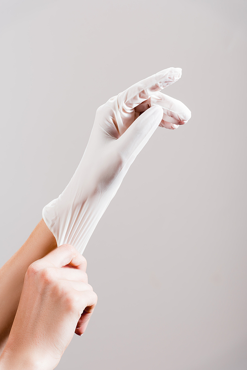 cropped view of woman putting on latex glove isolated on grey