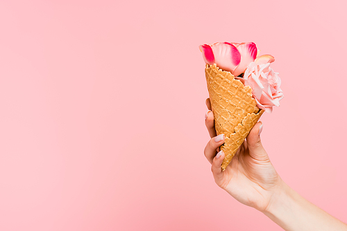 cropped view of woman holding waffle cone with flowers in hand isolated on pink