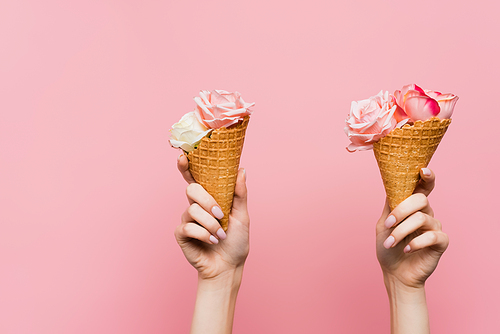 cropped view of woman holding waffle cone with flowers in hands isolated on pink
