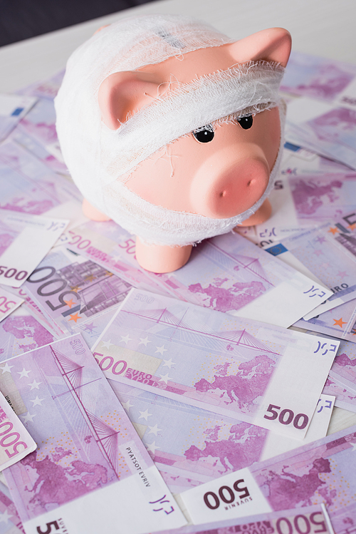 Selective focus of piggy bank on euro banknotes