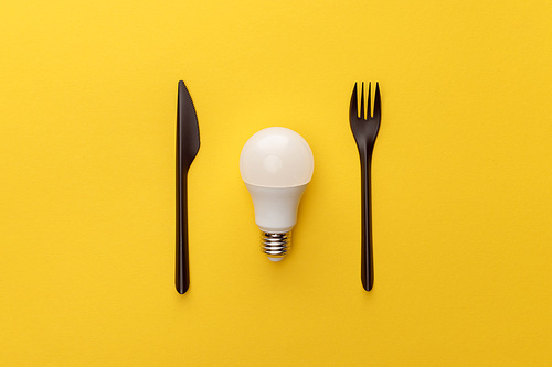 top view of light bulb between knife and fork on yellow background