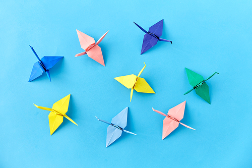 craft, hobby and creativity concept - multicolored origami paper cranes on blue background