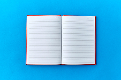 education and object concept - open notebook or diary on blue background