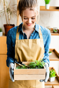 happy woman in gloves holding wooden box with green plants
