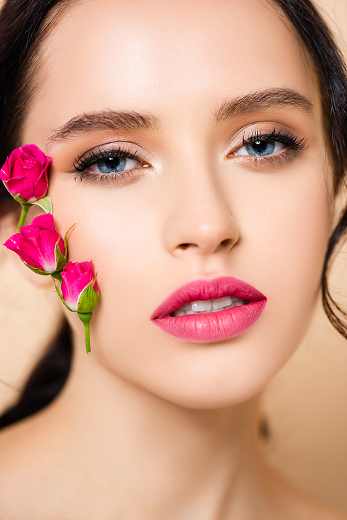 close up of sensual young woman with flowers on face  isolated on pink