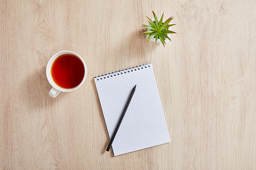 top view of green plant, cup of tea and blank notebook with pencil on wooden surface