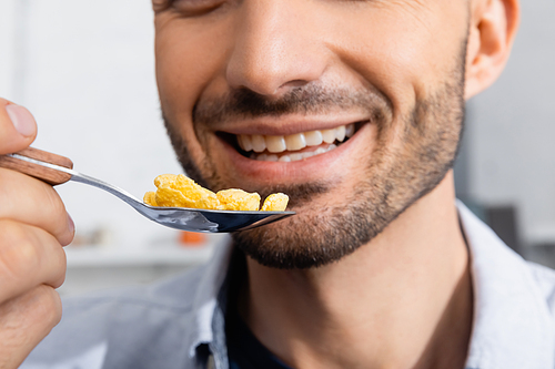 cropped view of happy man holding spoon with corn flakes