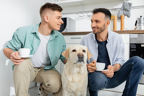 happy homosexual men looking at each other and holding cups near dog