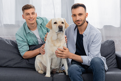 cheerful same sex couple sitting on couch with dog