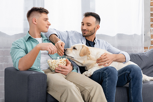 cheerful man holding bowl with popcorn and looking at husband with dog