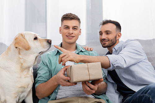 happy homosexual man holding valentines present near husband pointing with finger at dog