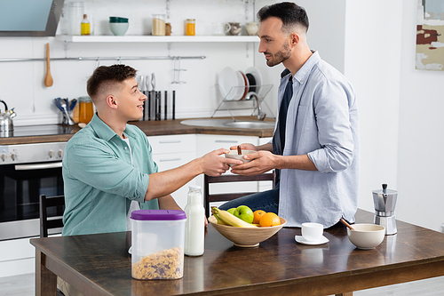 homosexual man giving bowl to happy husband near fruits on table