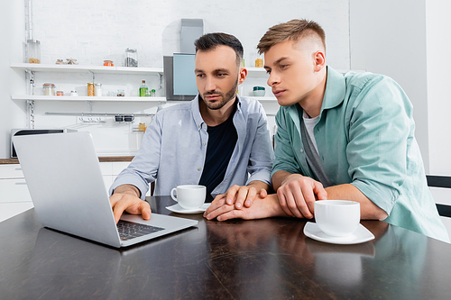 homosexual couple looking at laptop near cups on table