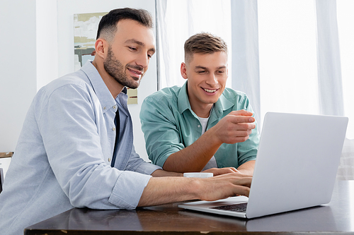 homosexual man pointing with finger and looking at laptop near happy husband