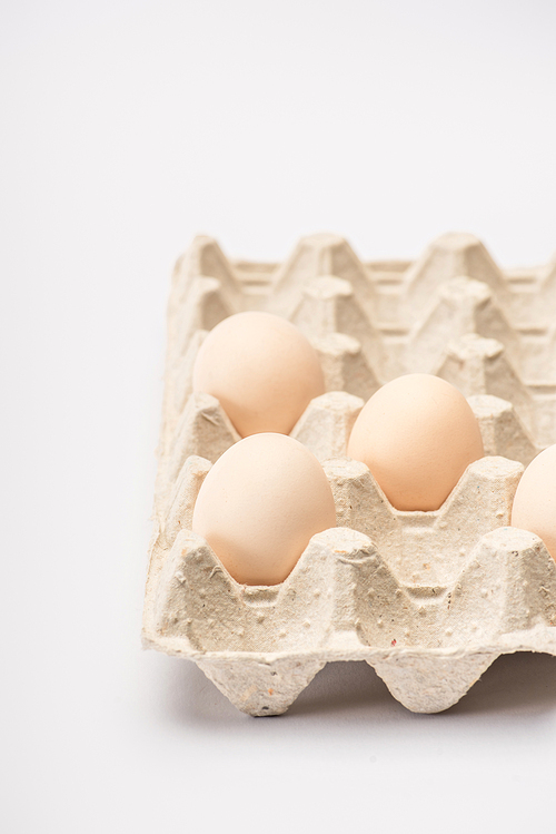 selective focus of fresh chicken eggs in cardboard egg tray on white background