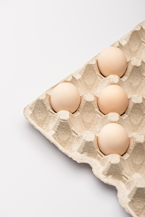close up view of fresh chicken eggs in cardboard egg tray on white background