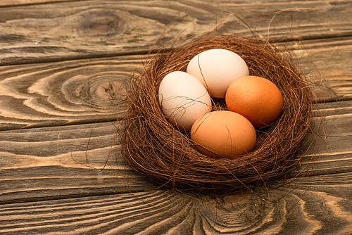 fresh chicken eggs in nest on wooden surface