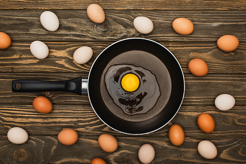 top view of fresh chicken eggs and frying pan on wooden surface