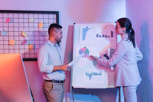 businessman looking at businesswoman pointing with hand at flipchart with charts and graphs