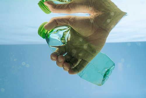 cropped view of male hand with plastic bottle in water, ecology concept