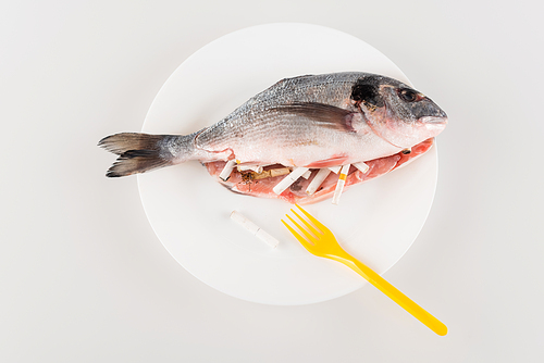 top view of plastic fork near fish stuffed with cigarette ends on white, ecology concept