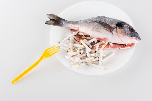 top view of plastic fork near plate with gutted fish and cigarette ends on white, ecology concept