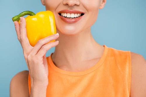 cropped view of smiling woman holding yellow bell pepper isolated on blue