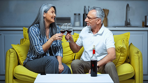 cheerful senior multicultural couple clinking wine glasses on couch at home