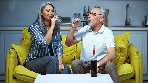 grey haired interracial couple drinking red wine on sofa at home