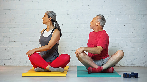 grey haired interracial couple sitting on fitness mats in lotus pose