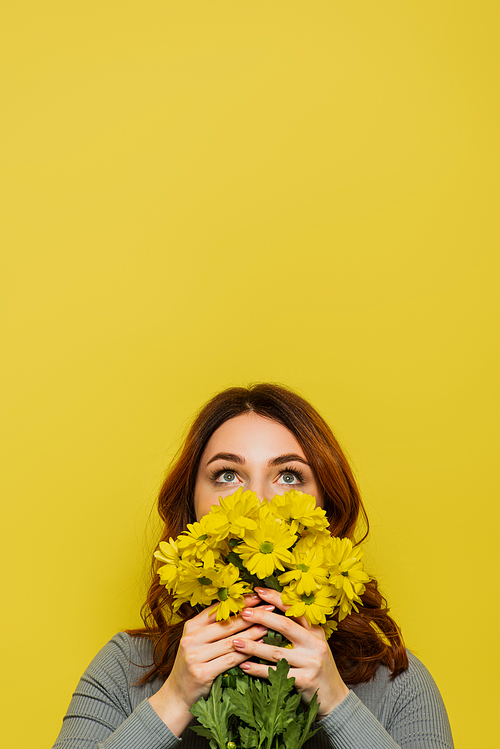young woman covering face while holding flowers and looking up isolated on yellow