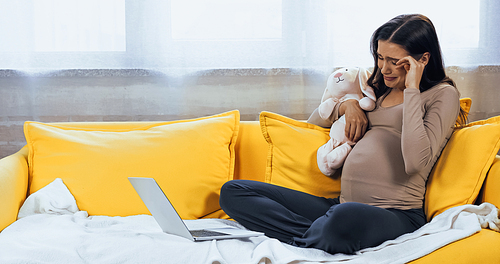 Pregnant woman with soft toy crying near laptop
