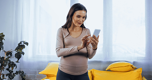 Pregnant woman using smartphone in living room
