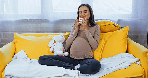 Pleased pregnant woman with cup sitting near soft toy on sofa