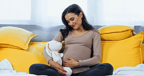 Young pregnant woman holding soft toy while sitting on couch