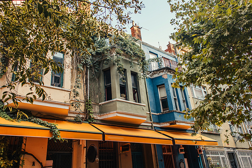 Colorful balconies on facade of house in Istanbul, Turkey