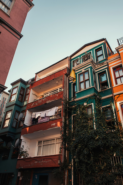 old buildings with green ivy and laundry on balconies in Jewish quarter, Istanbul, Turkey