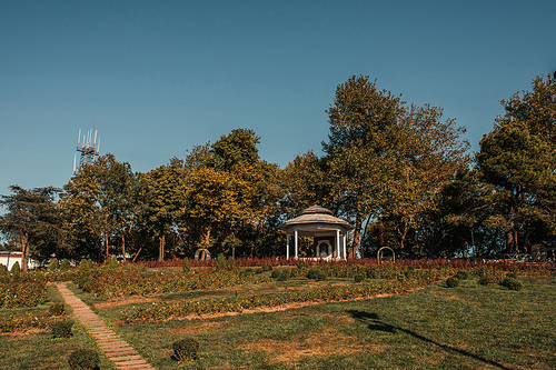 grassy lawn and rotunda in shade of high trees in park