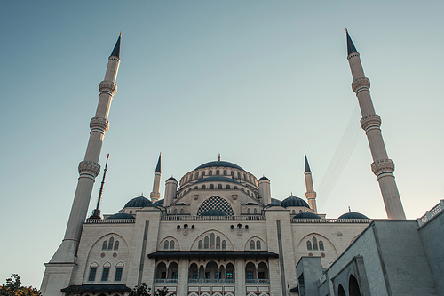low angle view of Mihrimah Sultan Mosque against cloudless sky in Istanbul, Turkey