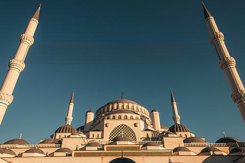 low angle view of Mihrimah Sultan Mosque against blue, cloudless sky, Istanbul, Turkey