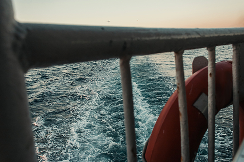close up view of fence and lifebuoy on vessel floating in sea