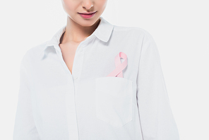 Cropped view of woman with ribbon of breast cancer awareness isolated on white