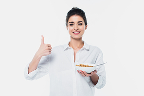 Smiling woman with bowl of cereals showing like isolated on white
