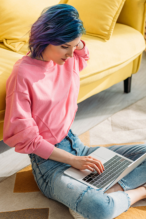 High angle view of freelancer with colorful hair and crossed legs working with laptop near sofa on floor