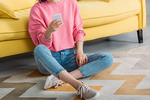 Cropped view of woman with crossed legs holding smartphone near sofa on floor