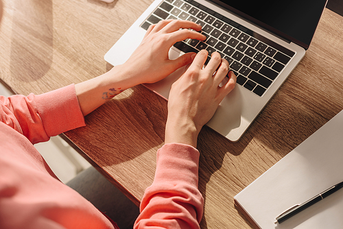 Cropped view of freelancer working with laptop near notebook and pen at table