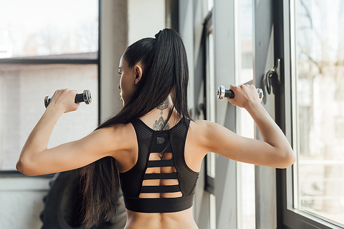 Back view of brunette sportswoman holding dumbbells in gym