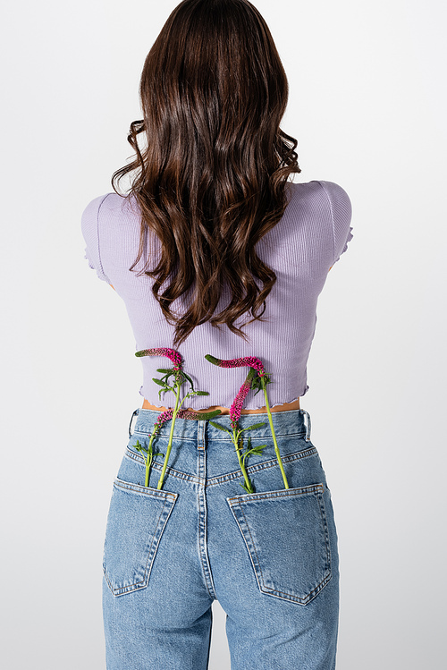 back view of young woman in jeans with lupine flowers in pockets posing isolated on white